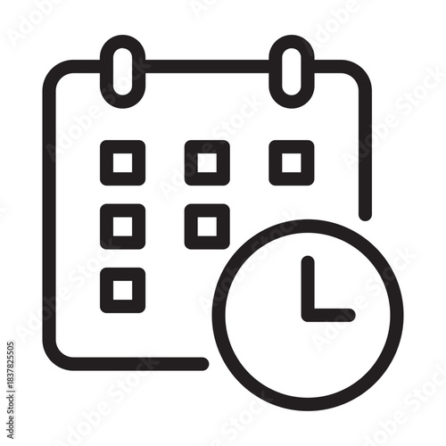 Line icon of calendar with clock, bold outline, schedule cooking time for Pancake Day