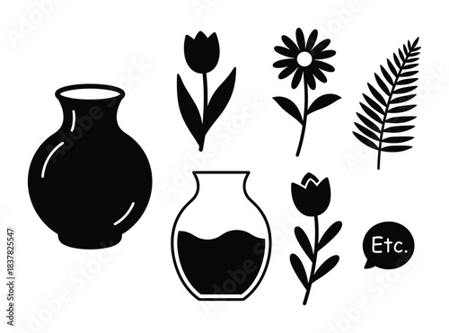 Vase with various flower and leaves set of garden floral botanical elements graphic silhouette.