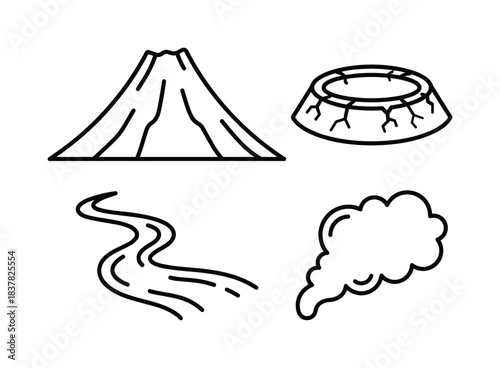 Volcano and river line art icons set. Geological features, natural elements with crater and smoke.