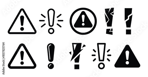 Warning icons. Exclamation mark, danger sign, alert symbols. Safety, attention, hazard pictograms.