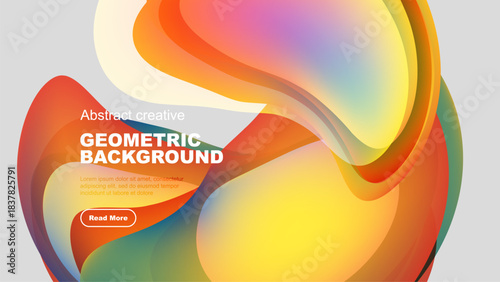 Vibrant abstract shapes overlap, creating dynamic colorful background. Text promotes geometric design, inviting further exploration.