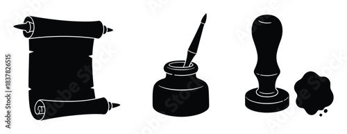Writing tools scroll inkwell quill wax seal old stationery historical document creation supplies.