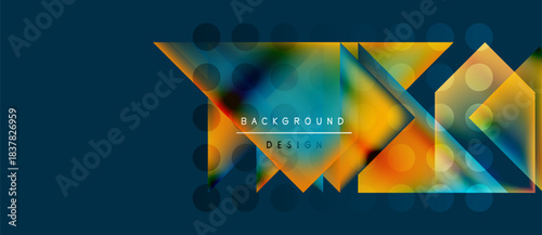 Abstract geometric shapes, vibrant colors, modern design. Gradient transitions create dynamic visual effect. Background suitable for presentations, banners.