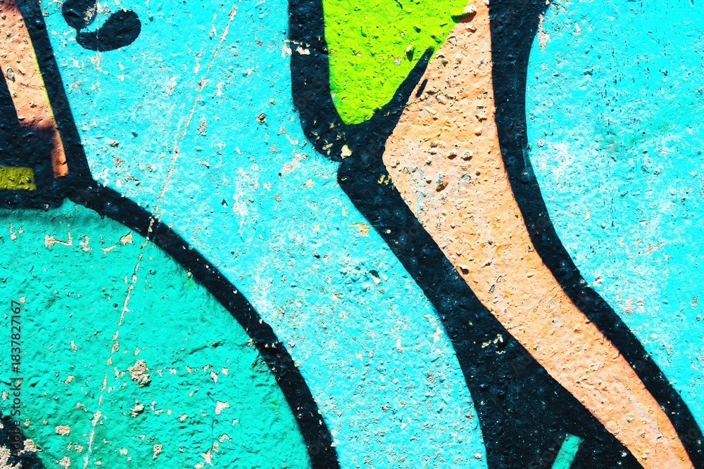 Naklejka premium Bold street art pattern in vibrant turquoise, green, black with rough texture. Modern 2000s, urban style, graffiti influence. Texture backgrounds, digital art, creative banner, summer visuals.
