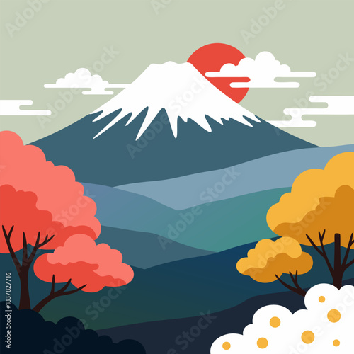 Vibrant Autumn Scenery With Mount Fuji Amidst Rolling Hills and Colorful Foliage