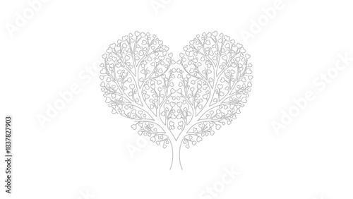 An intricate line drawing of a tree with its branches and leaves forming a perfect heart shape, symbolizing love and nature.