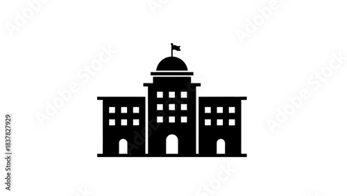 Black silhouette icon of a government building with a dome and flag, representing authority or education.