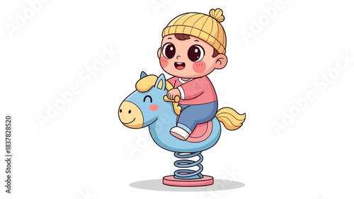 Cute cartoon child joyfully riding a blue spring rocking horse, wearing a yellow hat and pink shirt, indoors