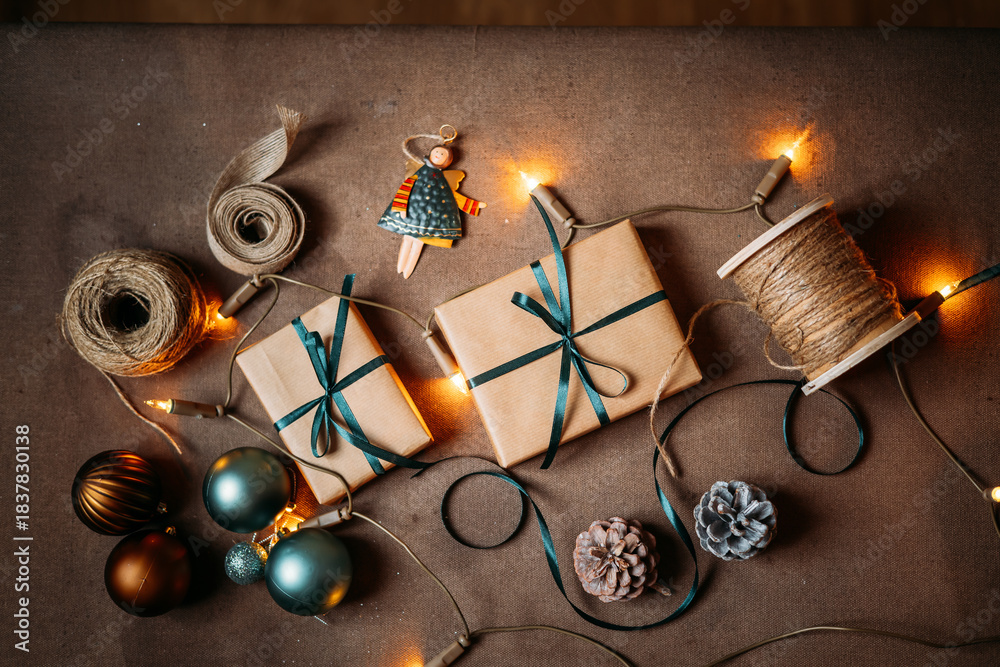 Obraz premium Banner flat lay. Preparation for a holiday season. Boxing Day concept.