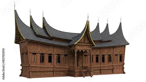 A traditional wooden Minangkabau house with distinctive curved roofs, showcasing intricate architectural details.