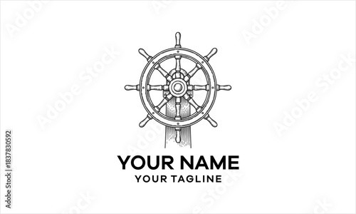 Nautical Ship Wheel Logo Design  Vintage Marine Helm Icon logo design.