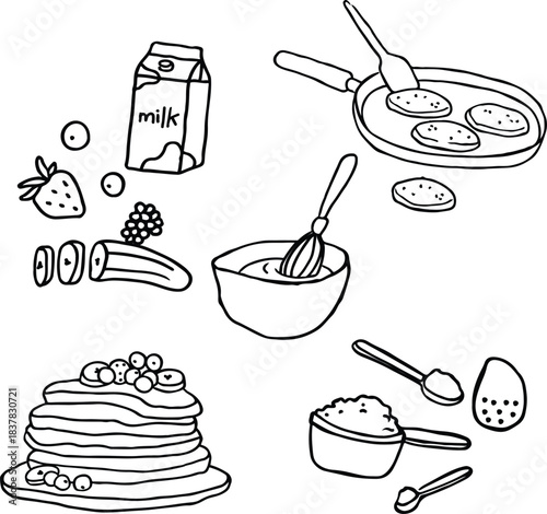 Pancake breakfast preparation set: ingredients, tools, and final meal
