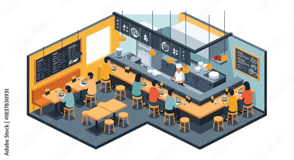 Fototapeta premium Isometric Asian Ramen Noodle Restaurant Interior Vector – Japanese, Korean, and Chinese Food Dining Illustration