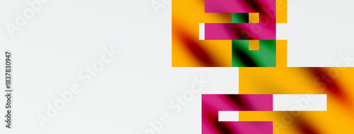 Abstract colorful rectangles overlap white space. Warm tones dominate composition, creating dynamic visual effect.