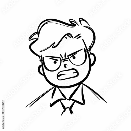 A black and white line art illustration of a frustrated young man with glasses and a tie screaming in anger. Simple minimalist vector sketch