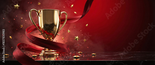 Shiny Gold Trophy Cup with Red Ribbon Swirl, Flying Stars and Confetti on Dark Marble Surface 3D Render