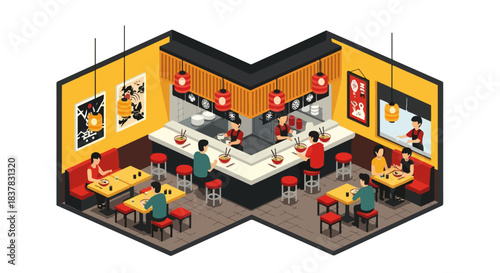 Isometric Ramen Japan Asian Restaurant Interior Vector – Japanese, Korean, and Chinese Food Dining Illustration