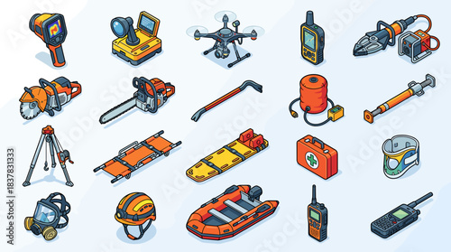 Emergency rescue equipment collection, including safety and survival tools