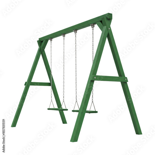 weathered forest green wooden a-frame double swing set with empty seats, low angle studio product shot on transparent background, emphasizing texture and sturdiness. concept of childhood nostalgia
