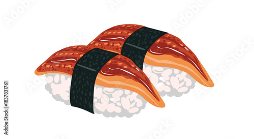 Two pieces of unagi sushi with a dark band and rice base, showcasing a traditional Japanese dish and a tasty seafood delicacy.