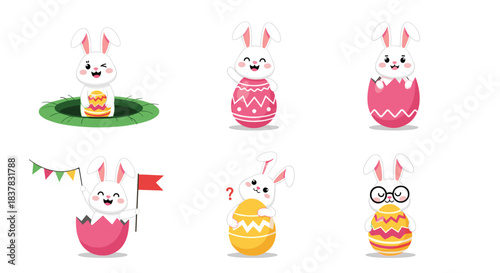 A delightful collection of cute cartoon Easter bunnies in various charming poses with decorated eggs, perfect for holiday celebrations.