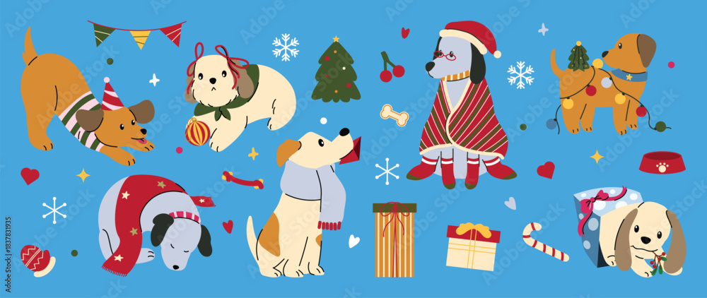 Obraz premium Cute Christmas dog vector illustration with festive costumes, gift boxes, winter decorations, candy cane and holiday elements. Hand drawn design for greeting cards, wrapping paper and wallpaper.