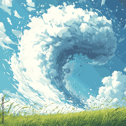 closeup tornado cloud field grass amazing wrath whip take cover princess , vector style simple color