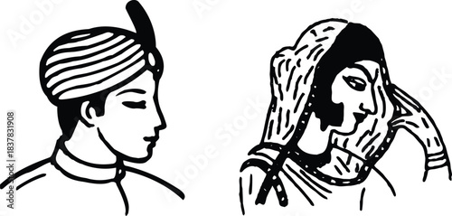 Traditional indian groom and bride in profile illustration for wedding invitations, cultural design isolated on transparent background, Vector