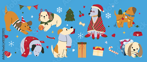 Cute Christmas dog vector illustration with festive costumes, gift boxes, winter decorations, candy cane and holiday elements. Hand drawn design for greeting cards, wrapping paper and wallpaper.