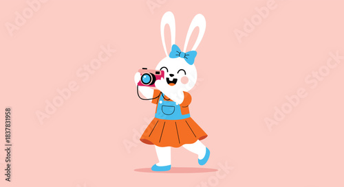 A cute, happy white bunny wearing an orange dress and a blue bow, holding a pink camera and smiling brightly.