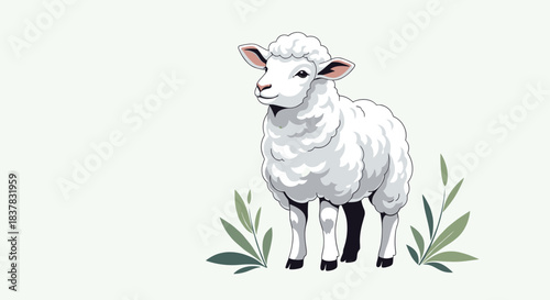 A cheerful young white lamb with soft wool stands peacefully among green foliage on a minimalist pale green background in a charming cartoon illustration.