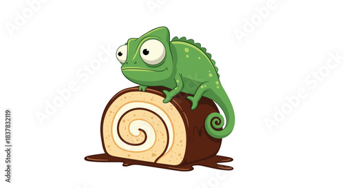 Cute cartoon chameleon sitting on a chocolate swiss roll cake.