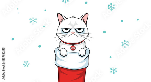 Grumpy cat in a Christmas stocking with falling snowflakes, symbolizing holiday displeasure.