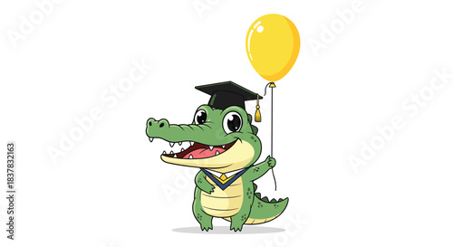 A cartoon alligator wearing a graduation cap, holding a yellow balloon, celebrating graduation or a special achievement, on a white background.
