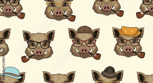 A repeating pattern of illustrated hipster boar faces with glasses, pipes, and hats in a seamless design.