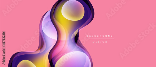 Abstract fluid shapes overlap, creating vibrant color gradients. Pink background complements flowing design elements. Modern, dynamic composition.