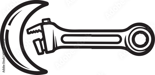 Adjustable wrench and crescent moon silhouette on white background