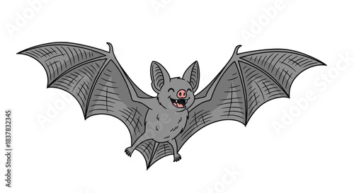 A cartoon bat with outstretched wings and a big smile flies through the air.
