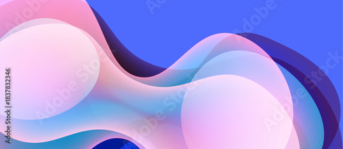 Abstract fluid shapes, pinks, blues blend. Soft gradients create dynamic, flowing composition. Modern design element.