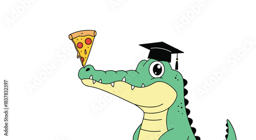 A cartoon alligator wearing a graduation cap balances a slice of pizza on its snout against a white background.