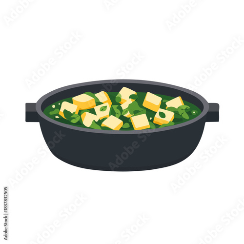 Saag Paneer illustrated in a clean 2D flat vector style, minimal and modern, isolated on a white background.