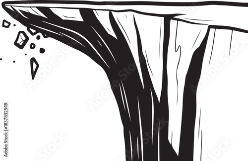 Black and white illustration of a cliff edge with falling rocks