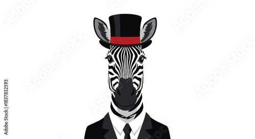 A dapper zebra wearing a top hat and suit, depicted in a stylish vector illustration against a white background, symbolizing sophistication and elegance.