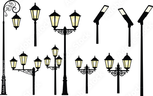 Mixed Lamppost Vector Set: Ornate Victorian Gas and Scrollwork Styles Paired with Sleek Modern LED Street Lights, Black Silhouette Collection.