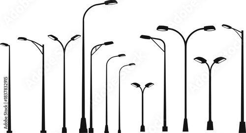 Large Minimalist Street Lamp Vector Icon Set, Modern Curved Black Silhouettes with Single and Double LED Light Heads, Contemporary Urban Illumination.