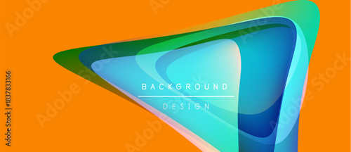 Abstract design features layered shapes, vibrant colors. Orange backdrop complements blue, green gradients. Text reads background design.