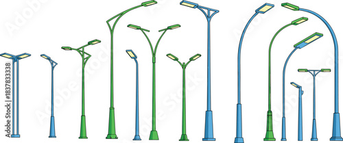 Large Contemporary Street Lamp Vector Collection, Modern Curved and Angled Poles in Blue and Green Colors, Urban Roadway Illumination Design Elements Set.