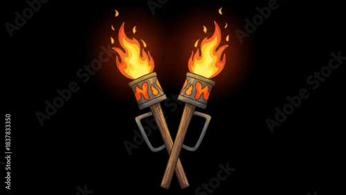 Two crossed torches with bright yellow and orange flames on a black background