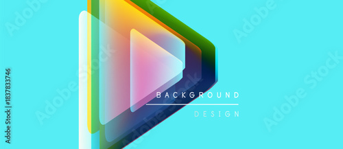 Abstract geometric shapes overlap. Vibrant colors create modern design. Turquoise background enhances visual appeal. Simple, clean aesthetic.