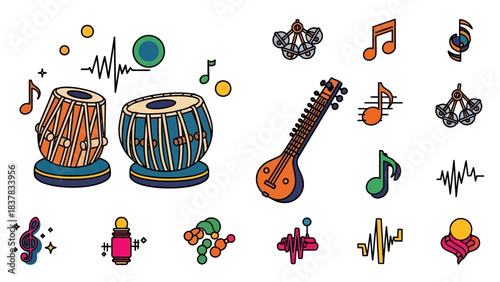 Indian Musical Instruments Tabla, Sitar, and Decorative Music Elements, Vector Art